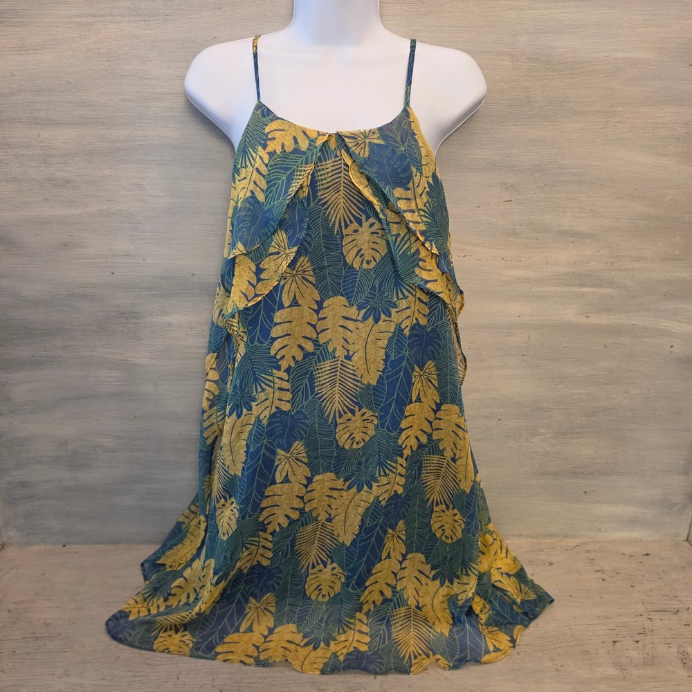 Umgee 60% Cotton Tropical Leaf Print Sleeveless Aline Mini Dress Large GC - Picture 1 of 9